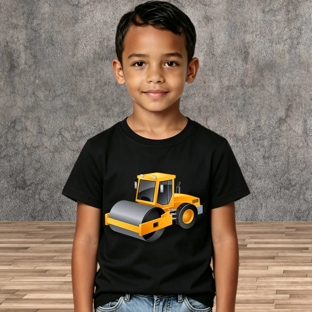 New Summer Boys Road Roller Graphic Tee Soft Cotton Children Daily Short Sleeve Shirts