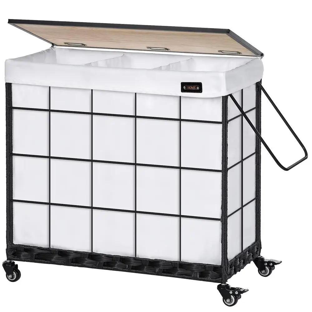 3-Compartment Laundry Basket with Heavy Duty Caster Wheels and Solid Wood Lid 132L Capacity