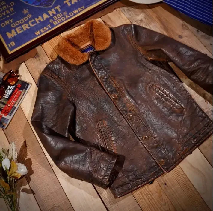 YR!Wholesales.Luxury washed Vintage Argentine bull hide jacket.Retro Brown genuine leather coat.Classic N1 warm cloth