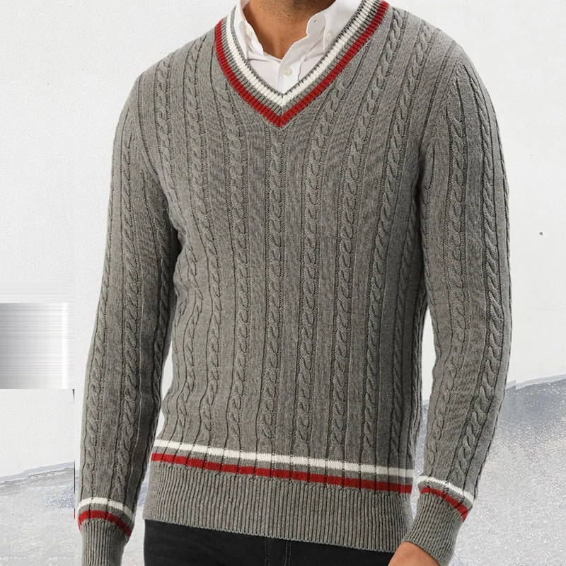 Autumn Winter Long Sleeve Striped Knitted Shirt Men Clothing Fashion Thickness V-Neck Jumper 2024 Business Twisted Slim Sweaters