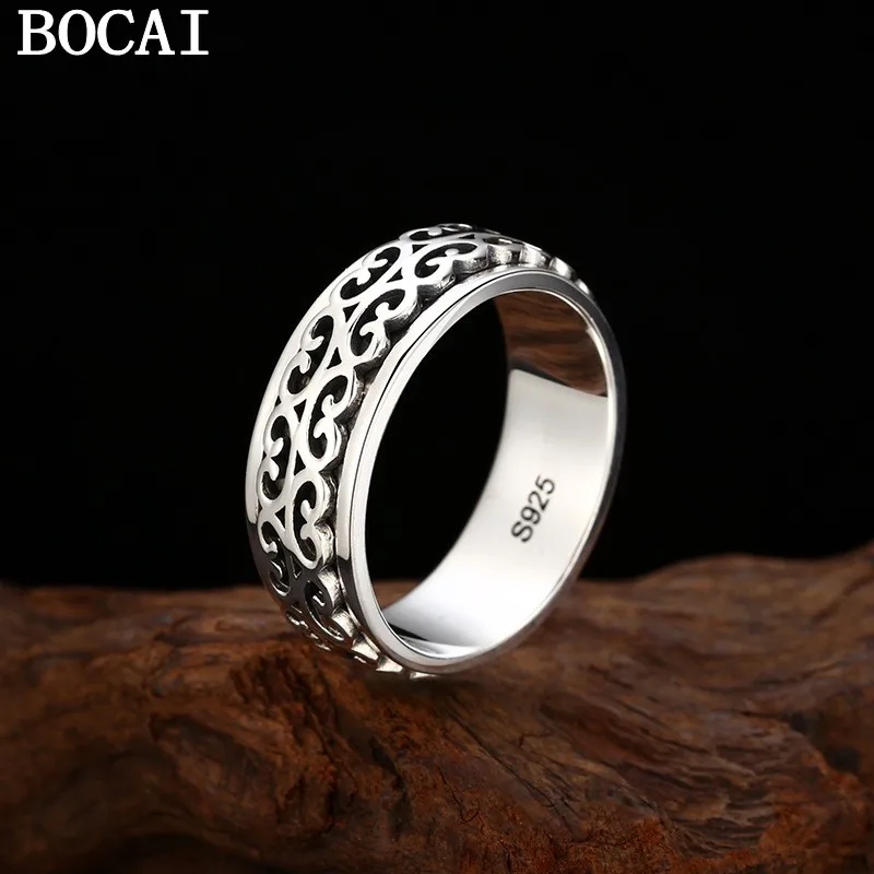 

Новое вращающееся кольцо BOCAI из стерлингового серебра S925 с винтажным узором «Тан-трава»