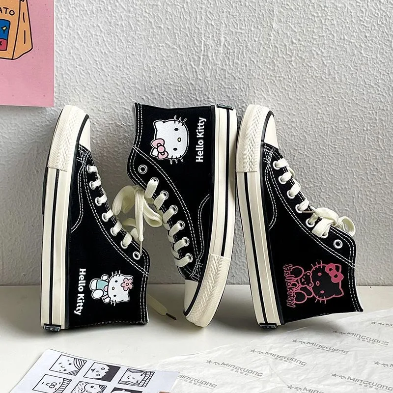 Sanrio Hello Kitty High Top Canvas Shoes Student Cartoon Graffiti Skateboard Shoes Kawaii Girls Preppy Style Versatile Sneakers