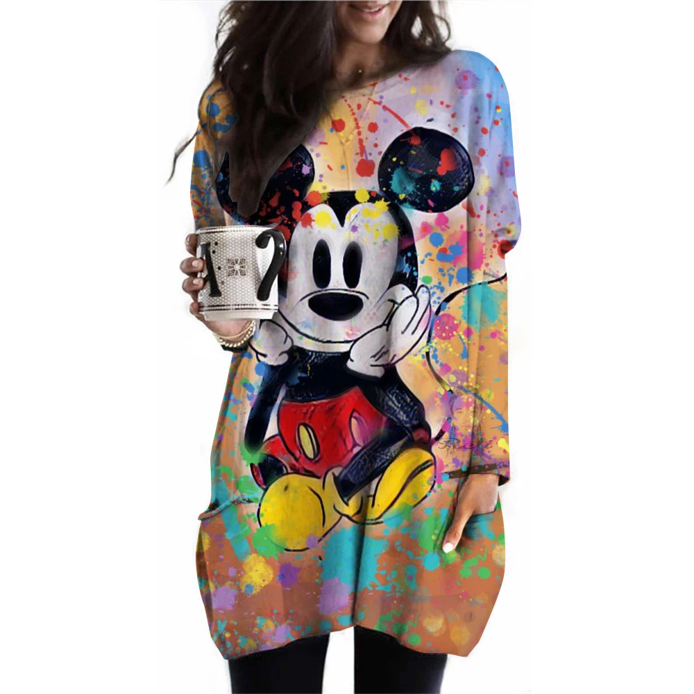 تي شيرت ديزني للسيدات ميكي ماوس بجيب مطبوع، توب بأكمام قصيرة، ملابس الشارع، متعة، Y2k، وجه كبير لموسم الربيع والخريف #2