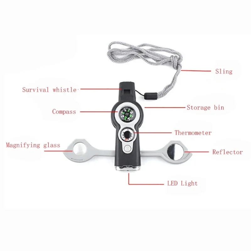 7-in-1 Multi-functional Whistle Outdoor Compass Thermometer LED Light Survival Flashlight Reverse Mirror Magnifying Glass