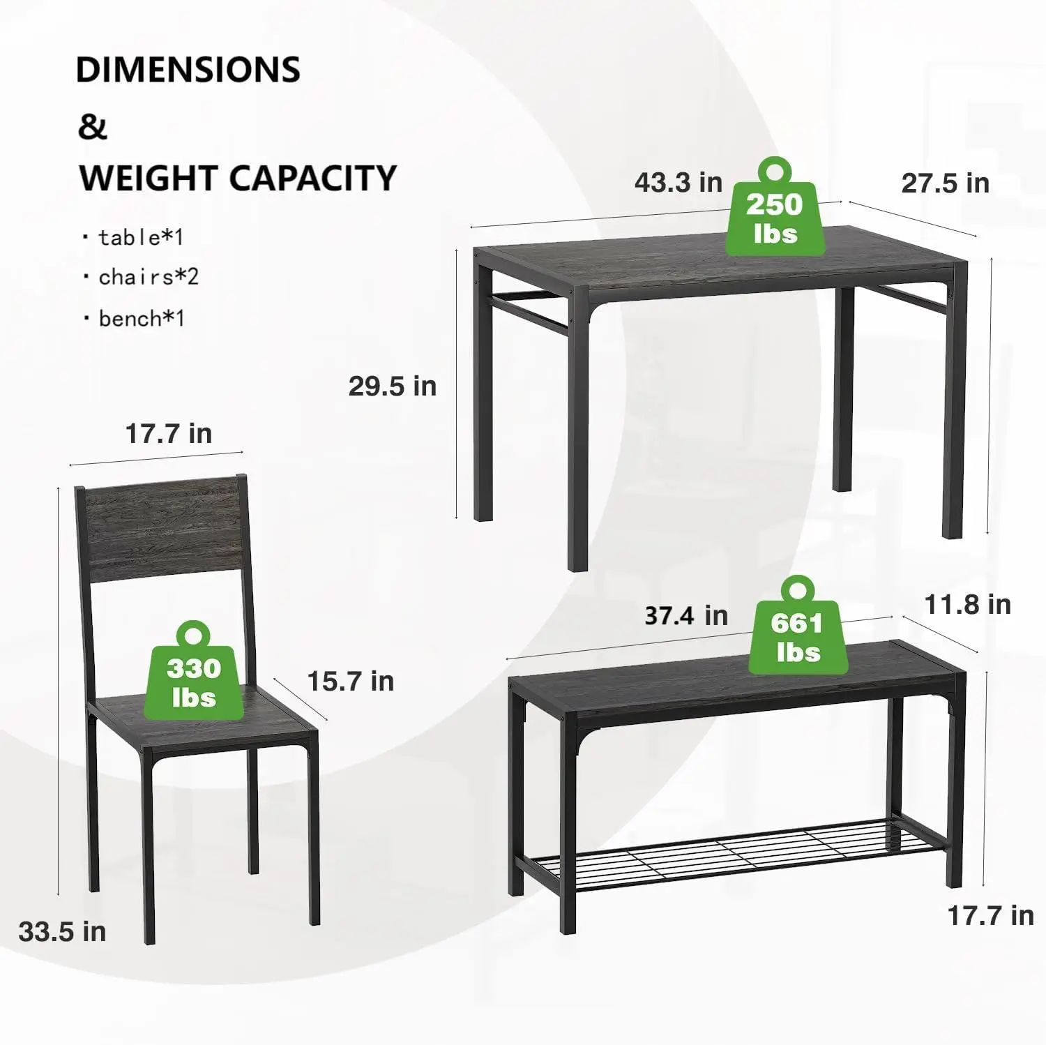 Table de Cuisine et 2 Chaises pour 4 avec Banc, Ensembles de Salle à Manger 4 Pièces pour Petit Espace, Gris