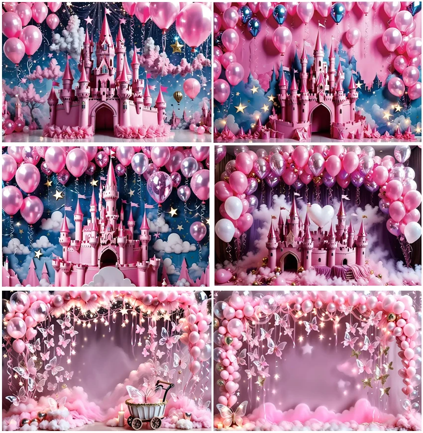 

Pink Castle Balloons Girls Birthday Baby Portrait Backdrops Dreamy Newborn Photography Butterflies Light Cake Smash Backgrounds