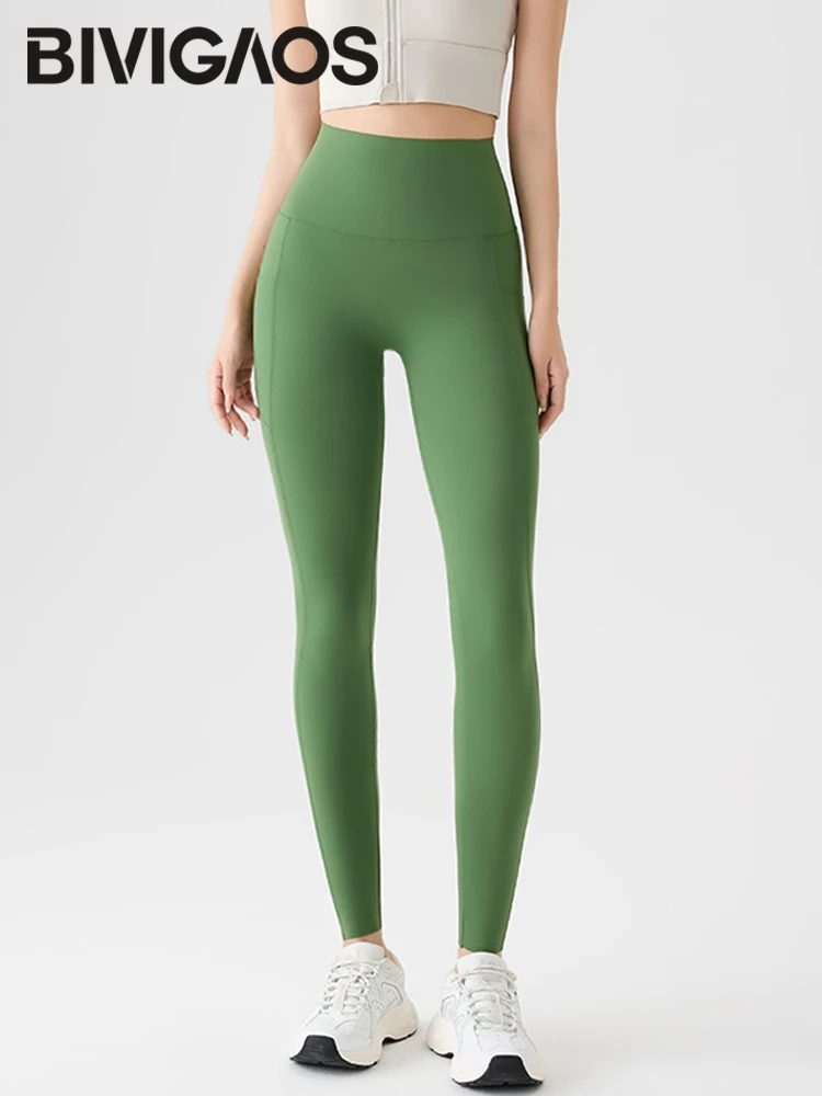 BIVIGAOS Spring Autumn Double Side Pocket Sharkskin Leggings Women Tight Elastic High Waist Sports Fitness Running Leggings