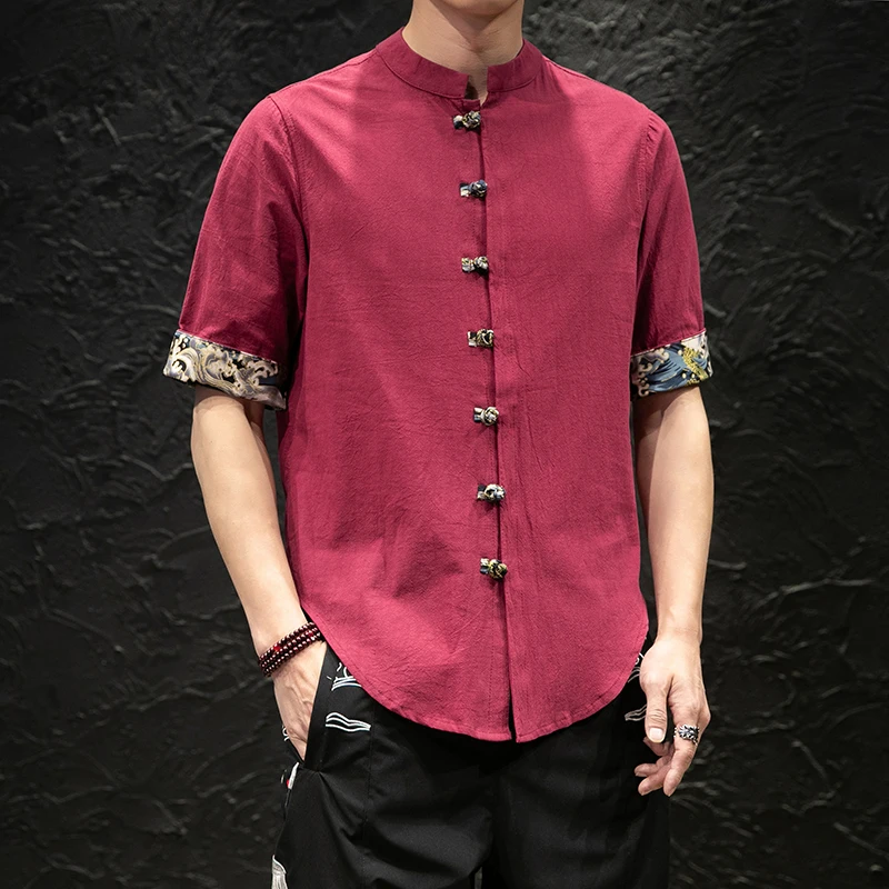 

Men's Cotton Linen ort Sve irt Chinese Sle Stand Collar Button down Tang Costume f Sve Busin Casual Summer ...