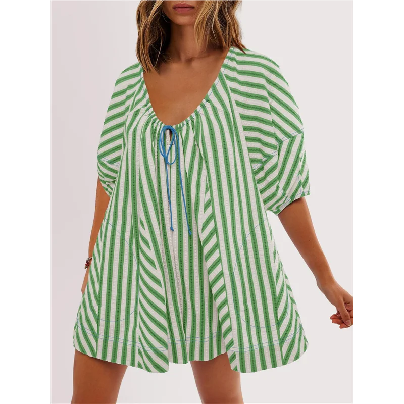 Abito da donna con pagliaccetto a righe oversize, pantaloncini, tuta, abiti da vacanza al mare con tasche-A55G