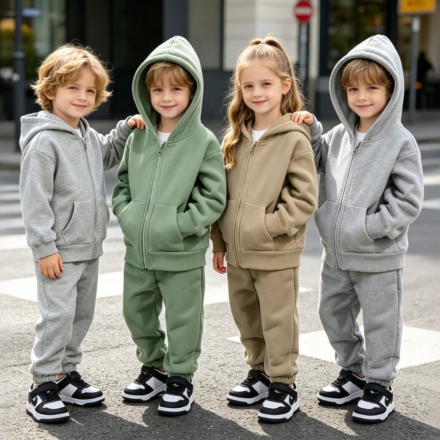 

Thick Fleece Lined Kids Hoodie Tracksuit Set Winter Boys Girls Warm Hooded Sweatshirt Solid Casual Warm Outfit 2-14Years Unisex