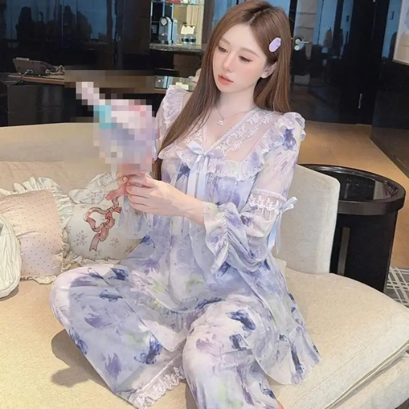 Springautumn Newwomen Simple Light Luxury Fashion Skin Friendly Comfort Mesh Splicing Pajamas Princess Style Home Furnishing Set