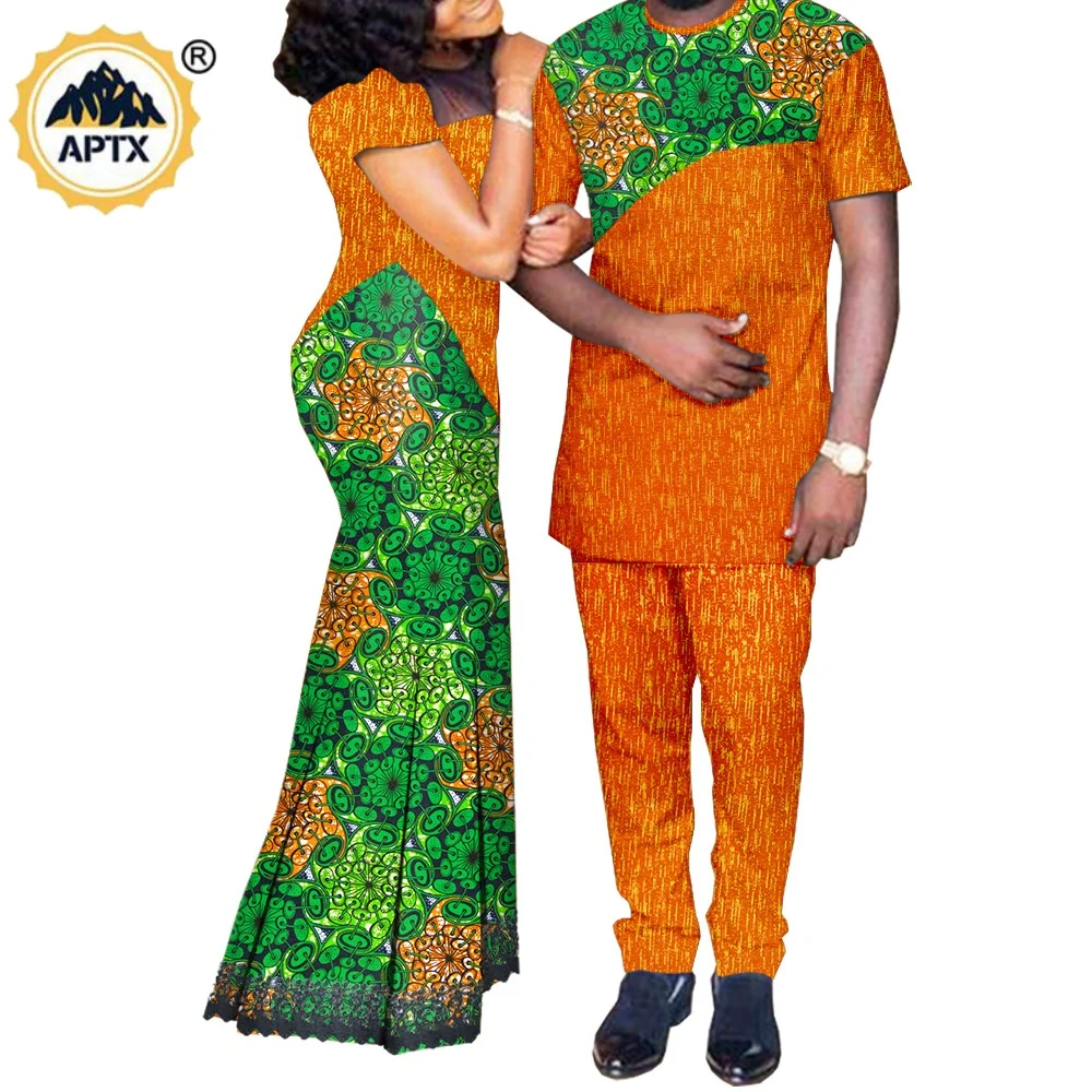African Clothes for Couples Matching Outfits Dashiki Metallic Women Print Lace Dresses Bazin Riche Men Top and Pant Sets A20C003