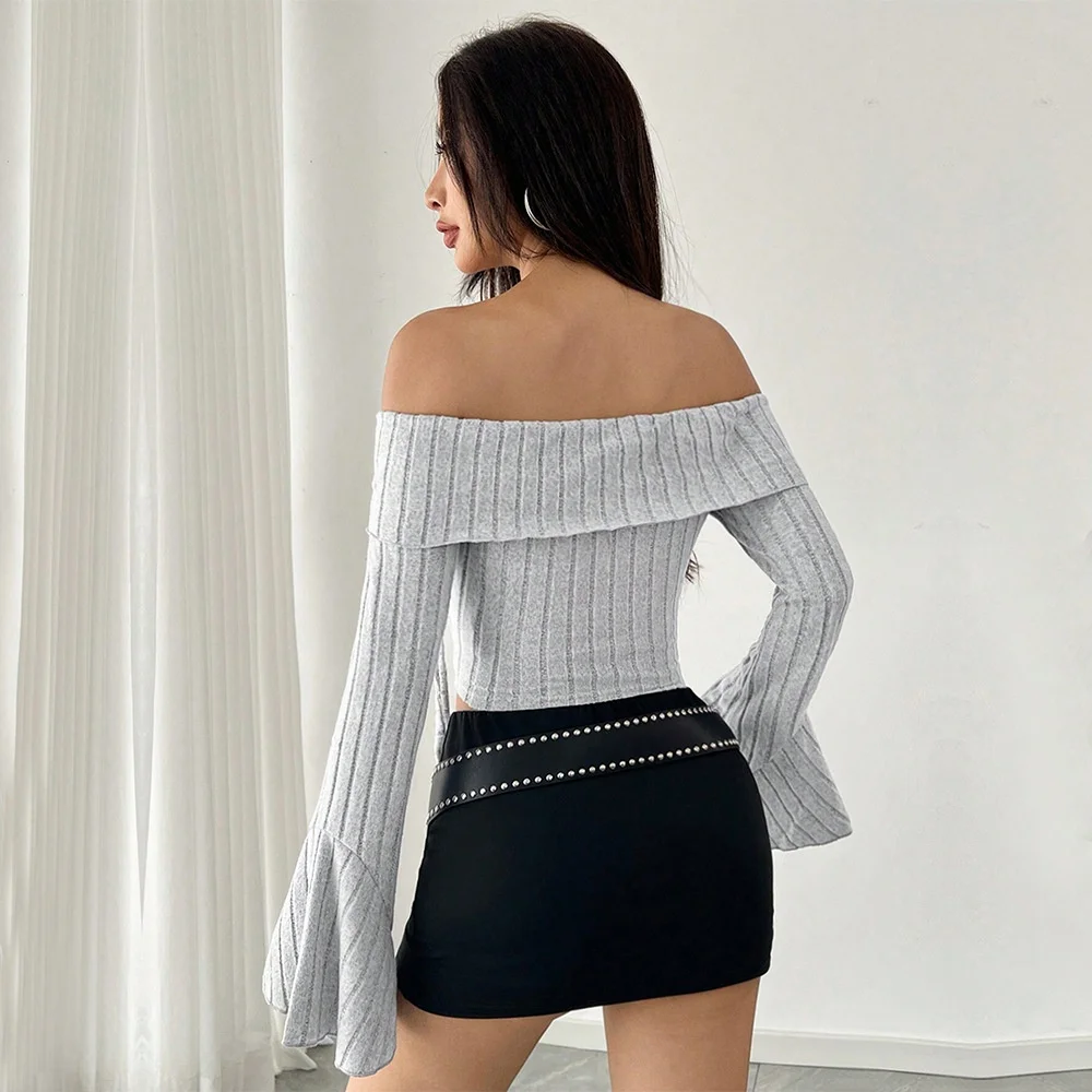 Sexy Style One-Shoulder Crop Top Women's T-shirt Spring Summer Bell Sleeve Belly Button Exposure Cross-Border Popular Lady