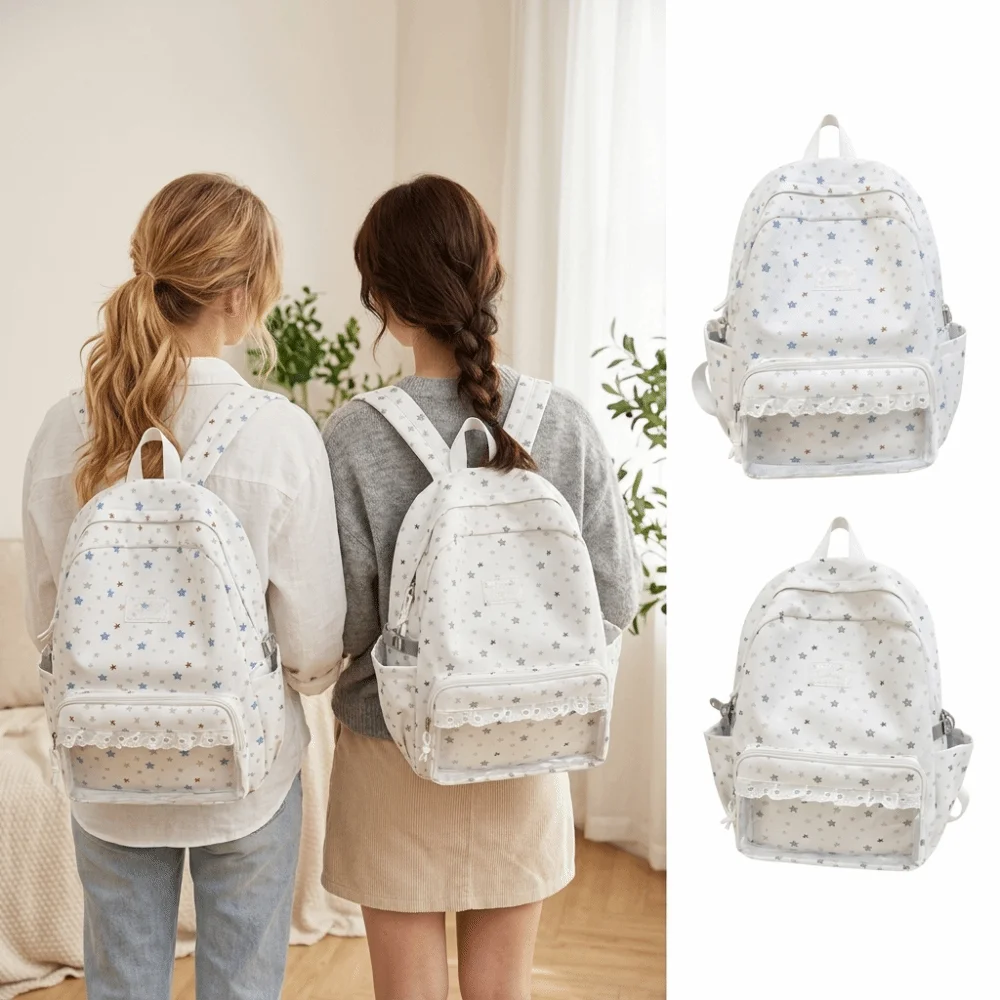 New Large Capacity School Backpack Transparent Star Print Student Rucksack Lace Trim Cute Aesthetic Backpack School Campus