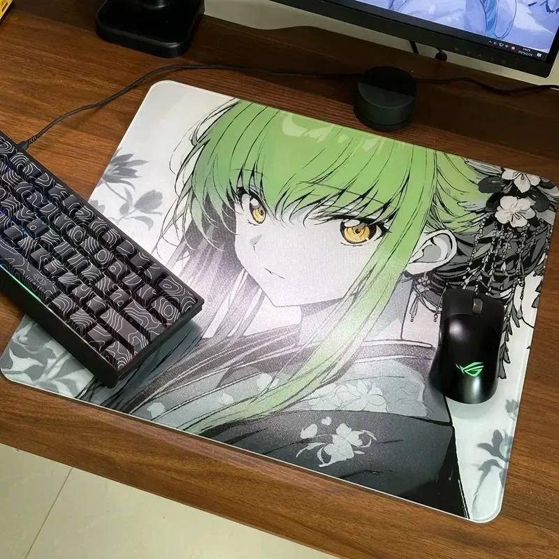 Green Hair Anime Girl Glass Gaming Mouse Pad Japan Y2k Girls Large Size Tempered Glass Desktop Mats PC E-sports Gaming Mousepad
