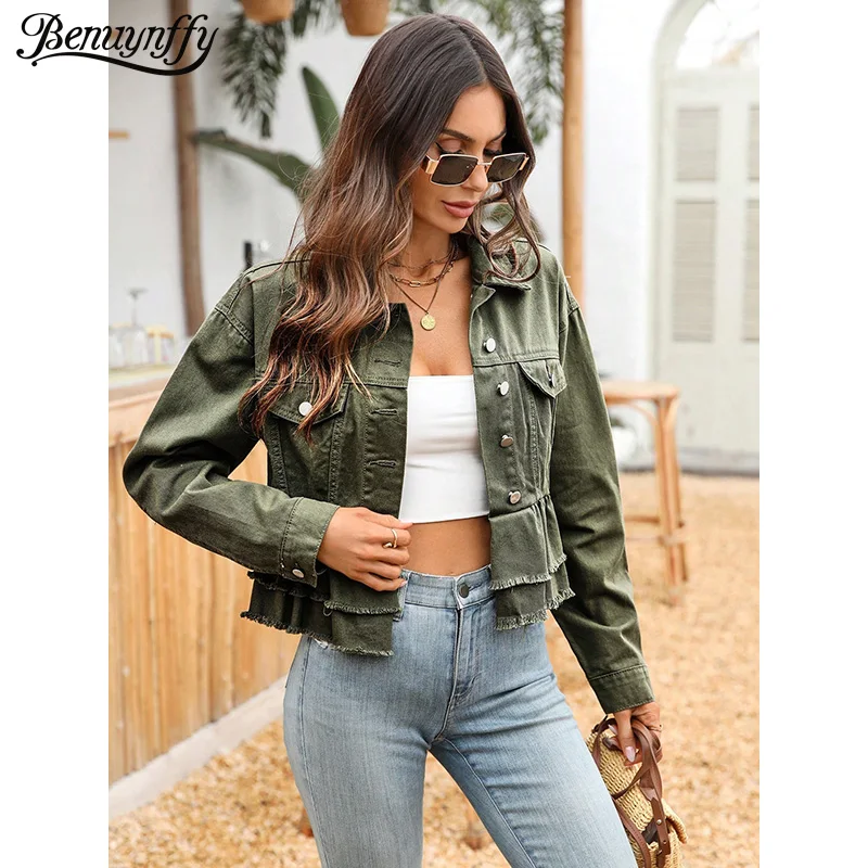 Benuynffy Einfarbige, geschichtete Jeansjacke mit rohem Saum für Damen, Frühjahr 2026, neue einreihige, lässige Langarm-Jeans-Oberteile