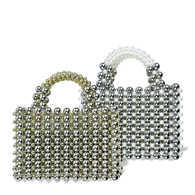 

French niche gold pearl bead bag retro single shoulder hand-held small square bag metal chain bag crossbody bag for women