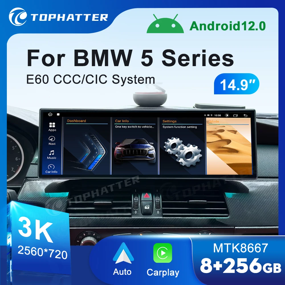 14.9 3K 2560*720 Car Radio For BMW 5 Series E60 E61 E62 CarPlay Android Auto Player Screen Head Unit Display Navi 360 3D Cam DSP