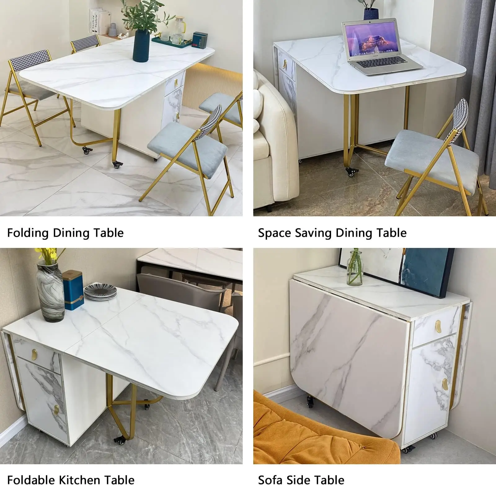 Folding Dining Table with Storage Rack and 2 Drawers with 4 Support Legs, Foldable Kitchen Table Extendable Versatile Table