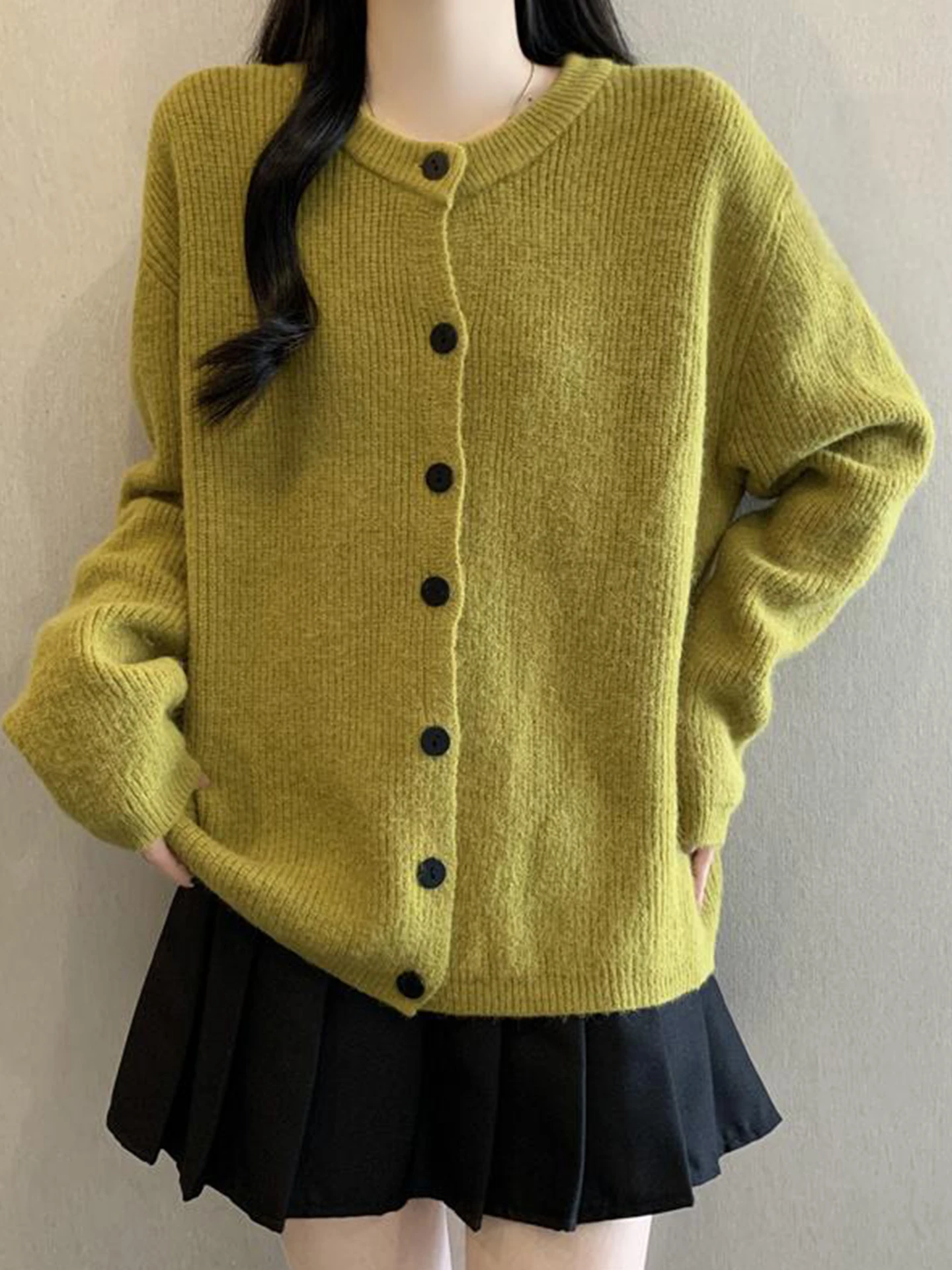 

Повседневный вязаный кардиган Dopne для женщин: осенне-зимний, больших размеров, свободный, мягкий, в стиле Lazy, с длинными рукавами, круглым вырезом