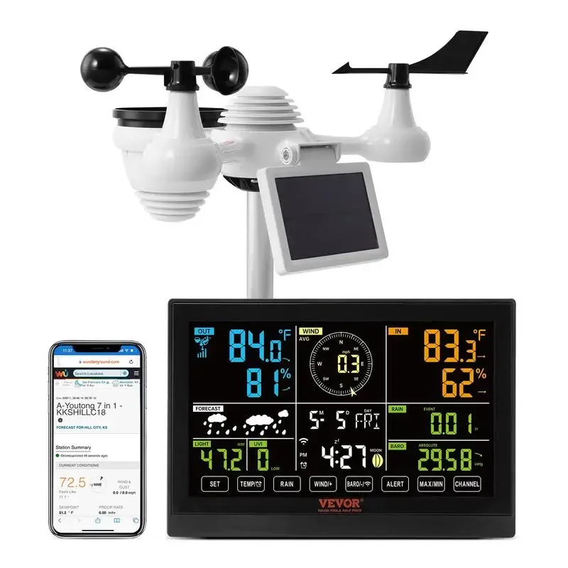 VEVOR 7-in-1 Weather Station, 7.5 in Color Display, Home Weather Station Indoor Outdoor, with Solar Wireless Outdoor Sensor