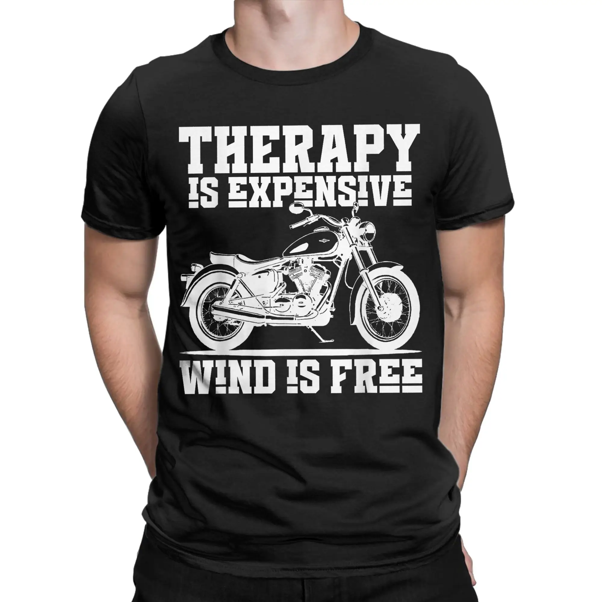 Casual T-Shirt Beach Funny Motorcycle Therapy is Expensive Wind is Free Biker Hip Hop T Shirts 100 Cotton Tee Shirt Short Sleeve