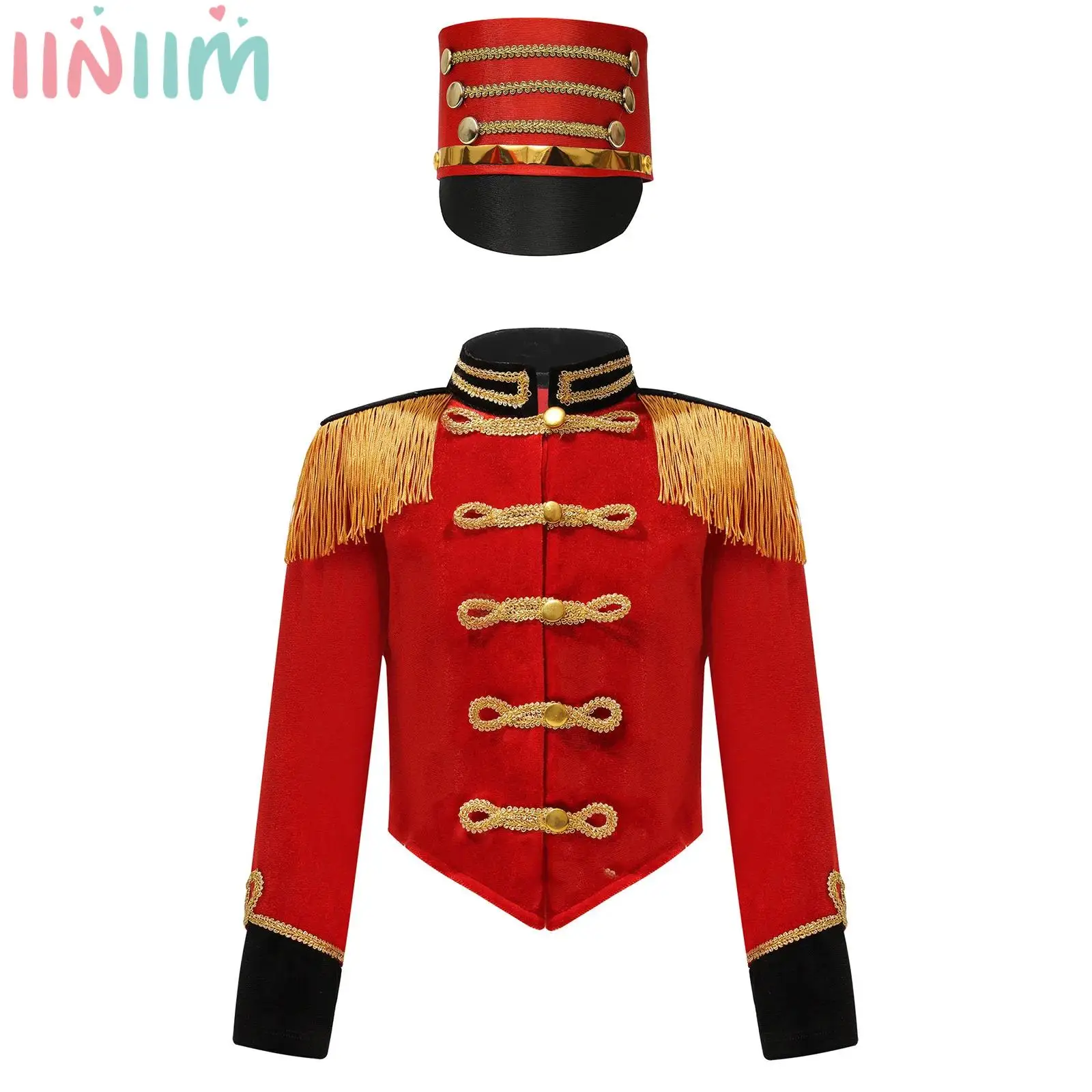 

Child Boys Girls Circus Ringmaster Costume Long Sleeve Fringe Jacket with Hat Set Majorette Drummer Cosplay Performance Costume