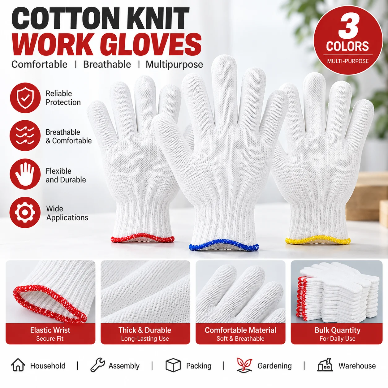 1/3/5 Pairs Nylon Work Gloves Anti Slip Wear Resistant Breathable Safety Gloves for Gardening Construction Warehouse Industrial