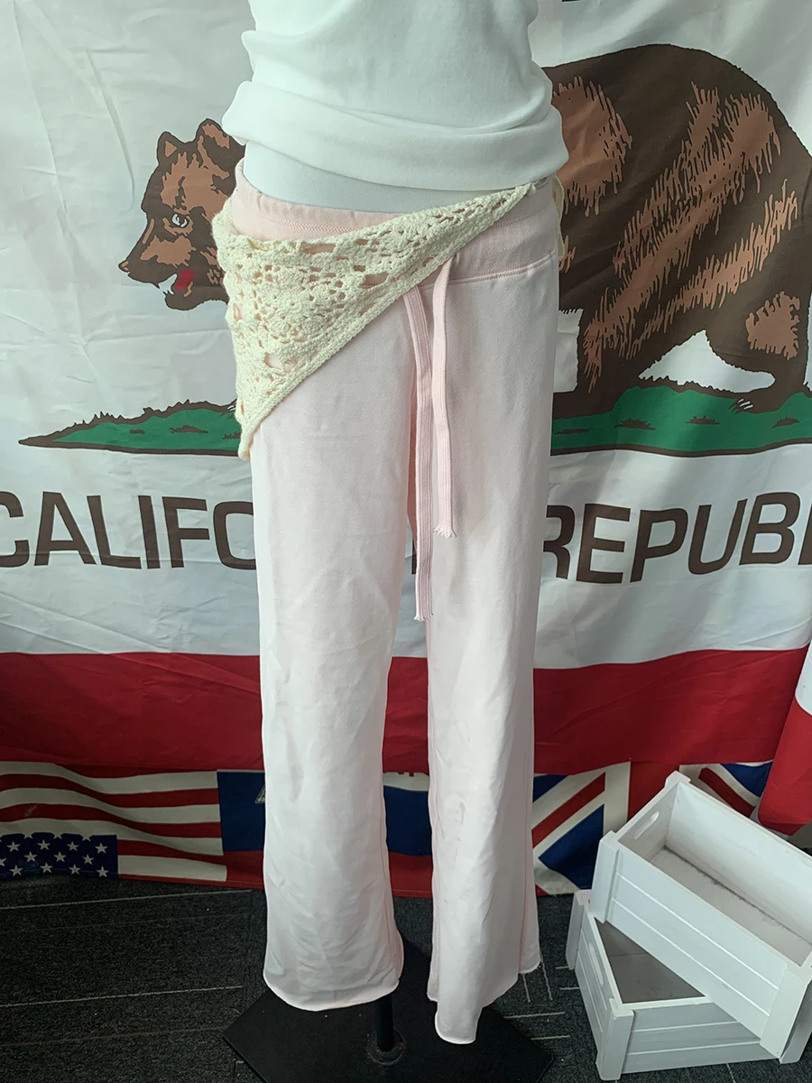 Neue hellrosa Jogginghose mit Kordelzug für Damen, Frühling, roher Saum, niedrige Taille, gerade lange Hose, lässige All-Match-Sporthose aus Baumwolle – Detail 6