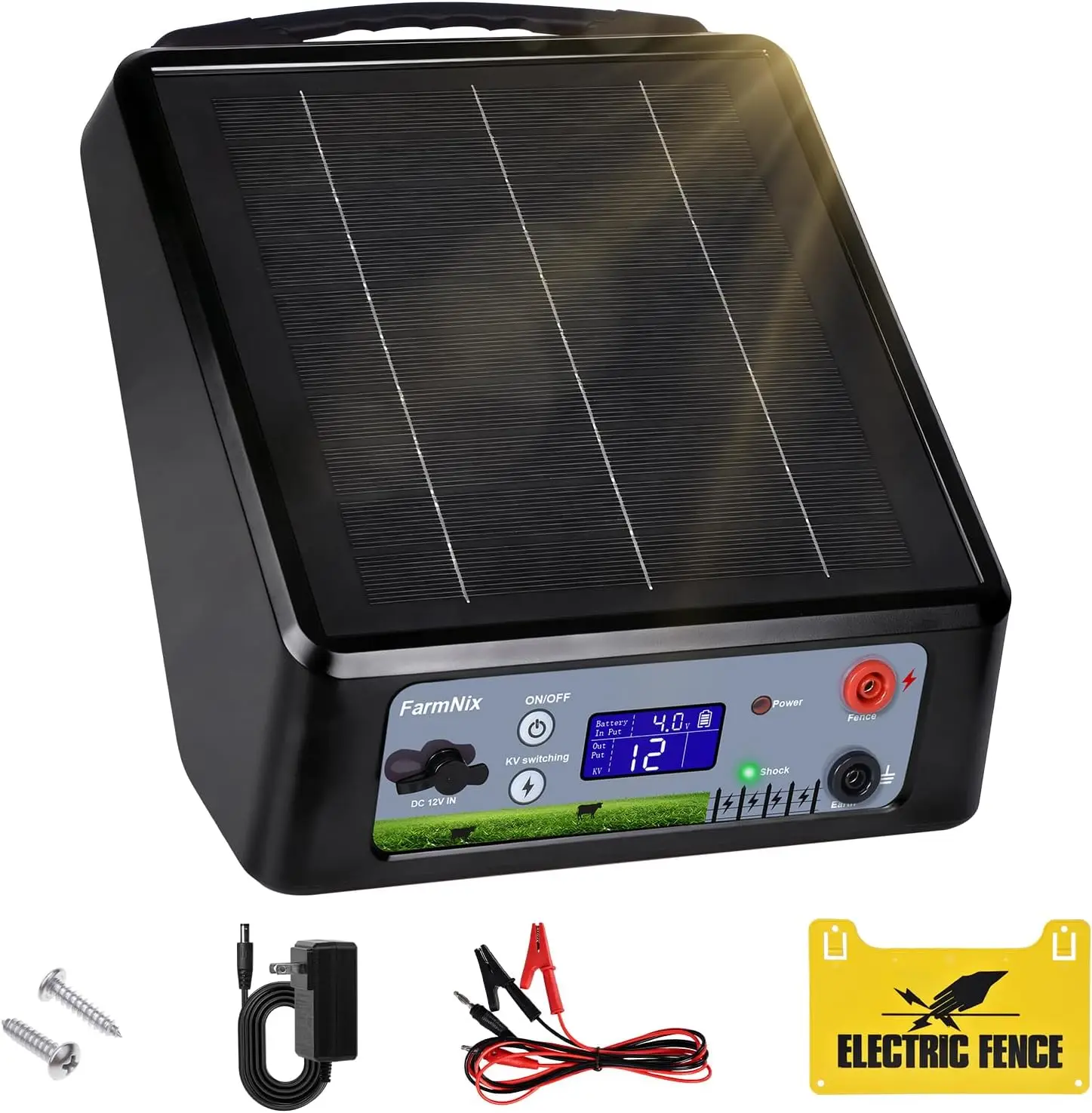 Cargador Solar para Cercas Eléctricas de 20 Millas con Modo de Ajuste KV, Cargador Solar Portátil para Cercas de hasta 2.0J con Panel Solar Recargable