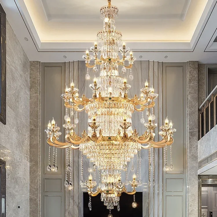 Luxury villa living room, European-style duplex floor, empty crystal chandelier