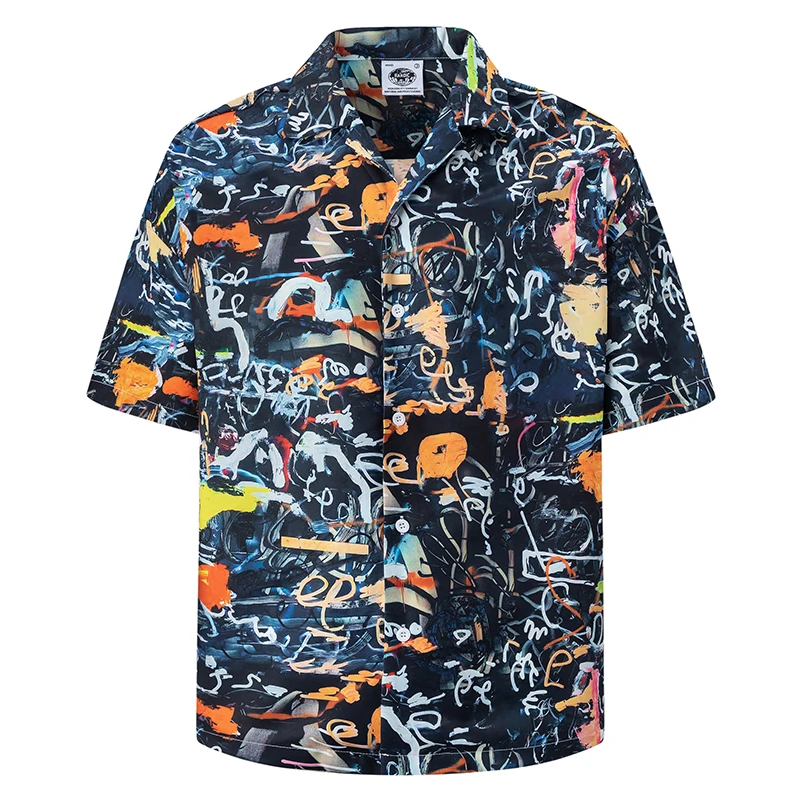 

Летняя мужская гавайская пляжная рубашка в стиле хип-хоп с принтом граффити Гавайская рубашка Harajuku Уличная одежда Модные повседневные рубашки Aloha на пуговицах