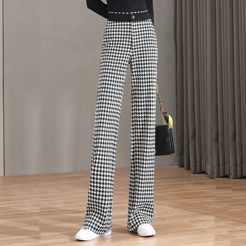 Thousand Bird Lattice Wide Leg Pants Women Harajuku High Waist Casual Pants Female Spring Fashion Loose Straight Trousers