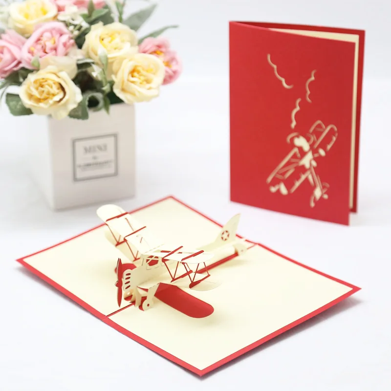 

1PC Retro Red Style 3D Paper Foldable Airplane Shape Greeting Cards Christmas NewYear Birthday Invitation Gift Party Supply