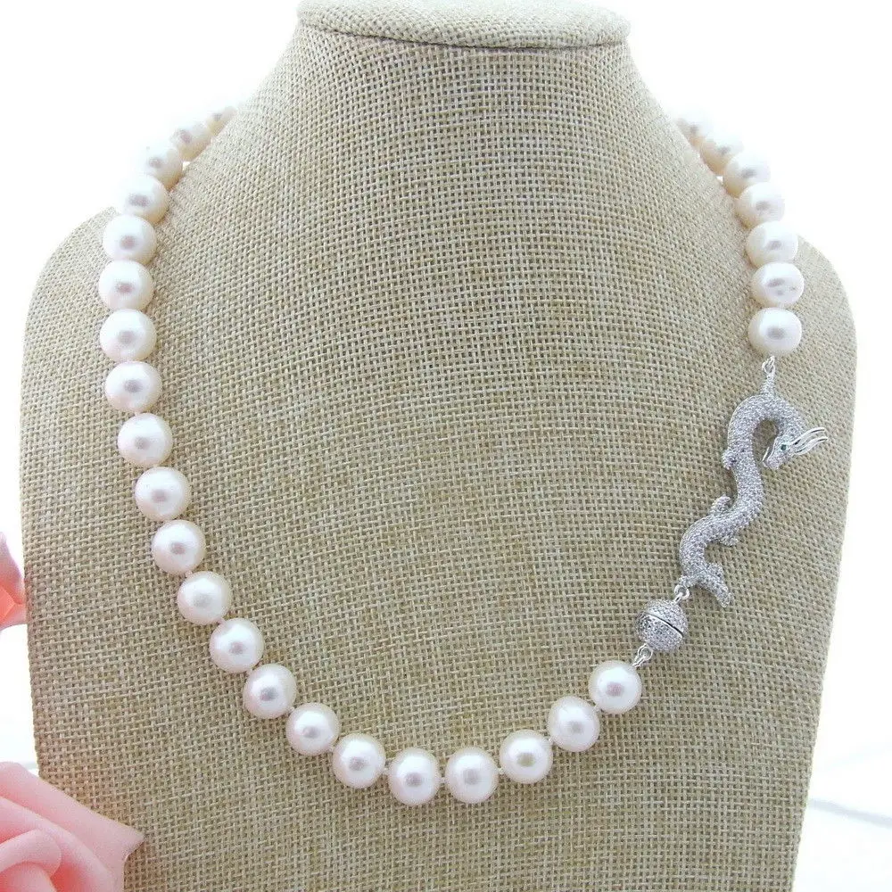 

natural 10mm White sea shell Pearl Necklace CZ dragon Clasp 20"