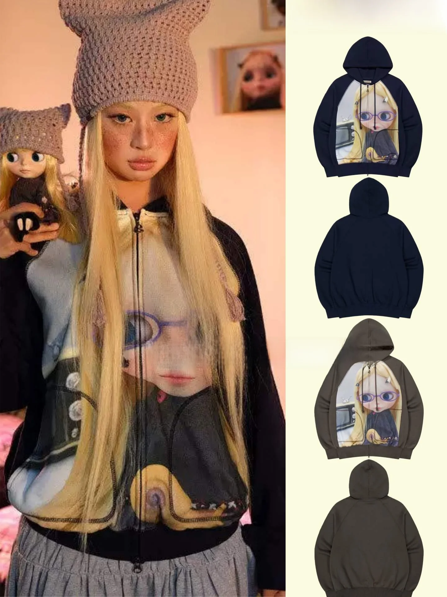 

Coyseio Doll Print Hoodie Jacket Women's Loose Fit Long Sleeve Cotton Polyester Blend Zipper Closure Commute Style Coat