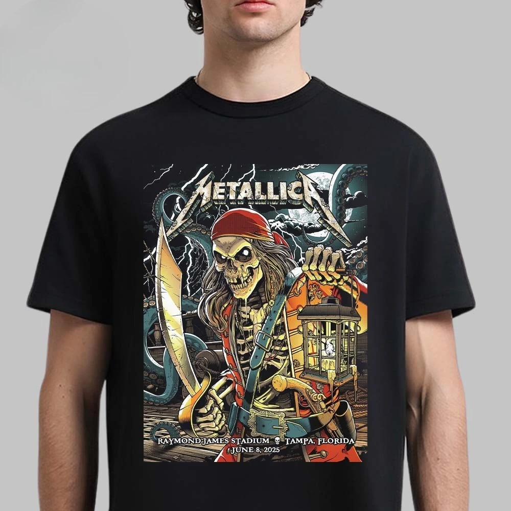 ملصق ميتاليكا M72 تامبا 2025 الجديد في تامبا فلوريدا في ريموند جيمس في 8 يونيو 2025 فن الهيكل العظمي القراصنة