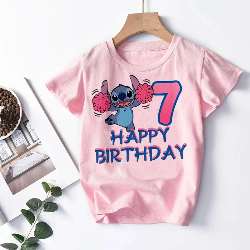 kawaii Stitch Disney Girl Birthday T-Shirt Summer Kids Number Tee Shirt Short Sleeve Children Tee Tops Cartoon Printed Clothes