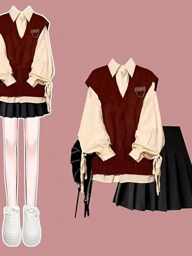 

Осень-зима 2022, вязаный витой жилет с V-образным вырезом и комплект из двух предметов, внутренняя одежда для колледжа, красная мода, женская одежда...