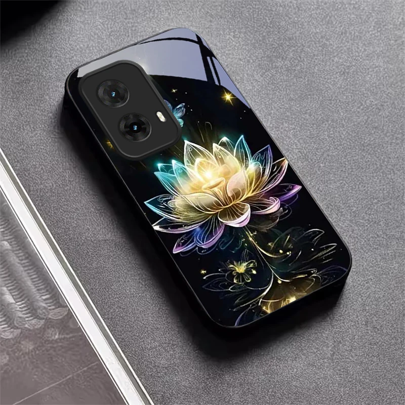 Crystal Lotus Art Black Glass Phone Case For Motorola Moto G14/G22/G24Power/G24/G34/G35/G45/G54/55/G75/G84/85 Hard Black Cover