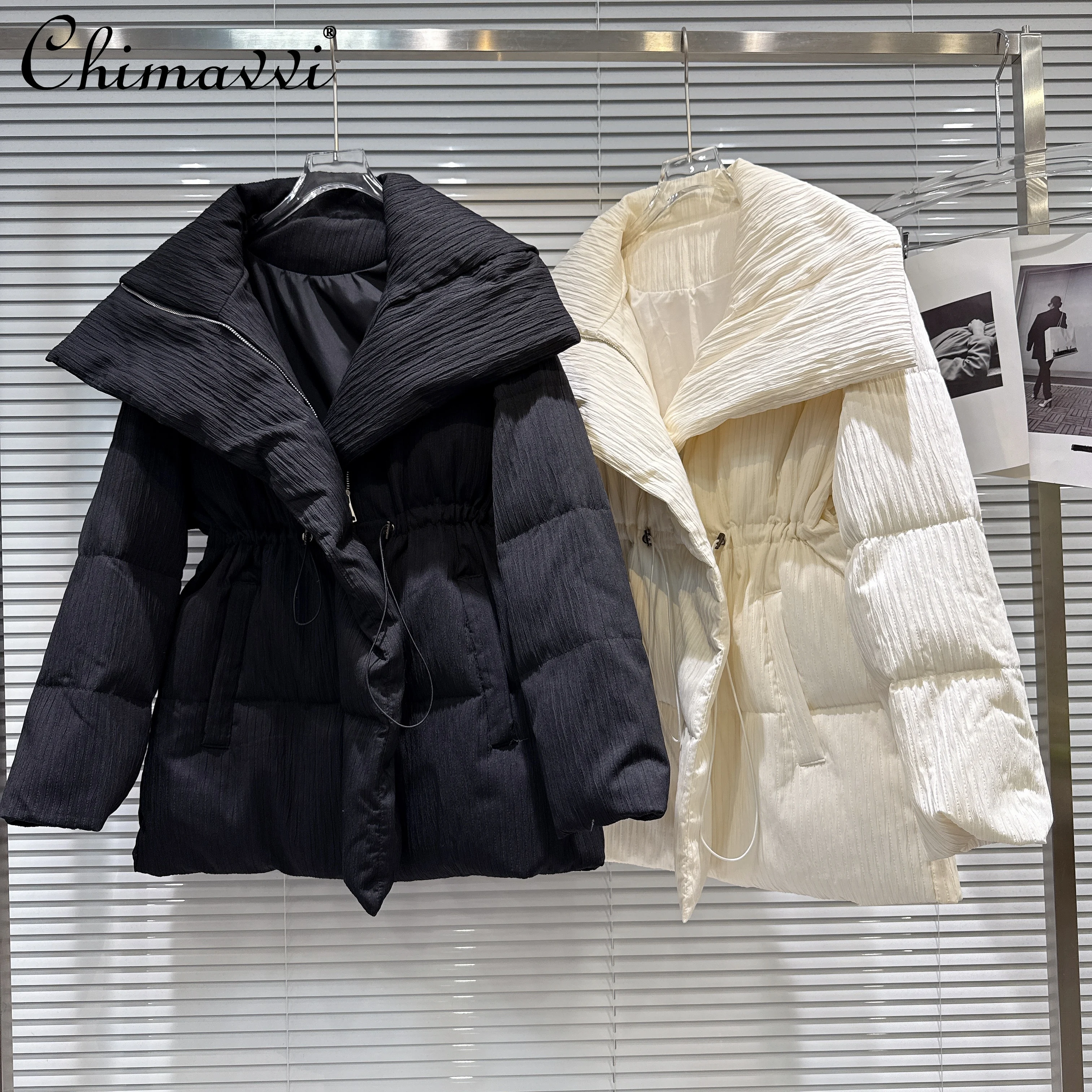 

French Elegant Fashion Turn-Down Collar Drawstring Slim Fit Black Warm Down Coats Casual Versatile Women's Winter Parkas Jackets