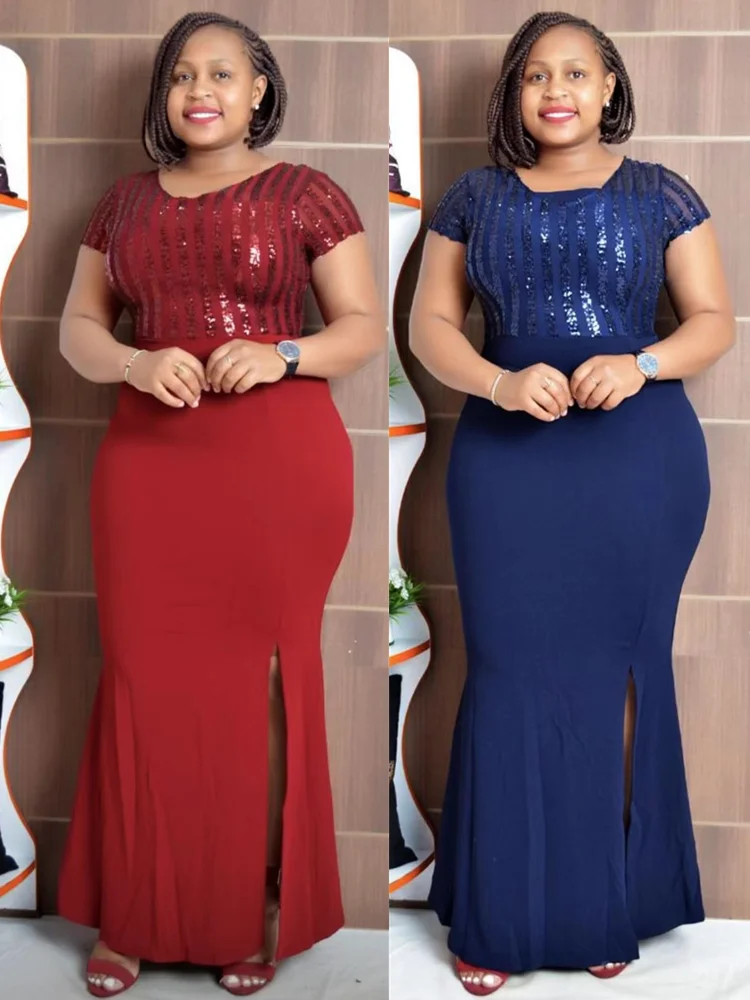 

2024 New Summer African Dress Women Robe Africaine Femme Bazin Riche Sequin Wedding Designer Long Dress Sexy Party Dresses