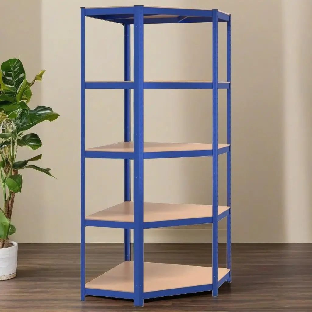 5-Tier Corner Shelf - Blue Steel & Engineered Wood Organizer for Space-Saving Storage