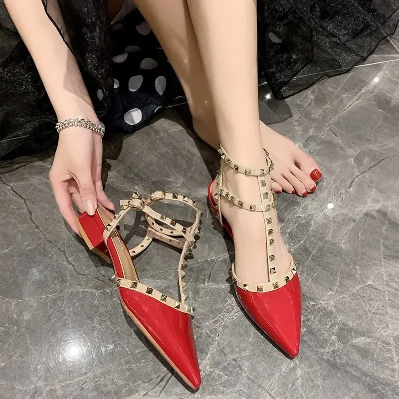 Ankle Strap Cut Out  Studded Rockstud Patent Leather Rivet Flats T-Strap Buckle Walking Soft Women Shoes Travel Size 34-40