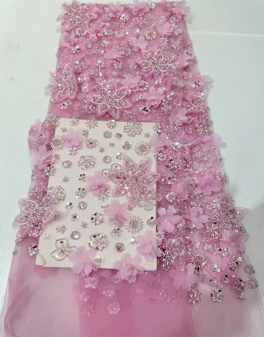 

2025 High Quality French Tulle 3D Feather Sequin Lace Fabric African Beaded Lace Fabric 5 Yards For Nigerian Wedding Party Dress