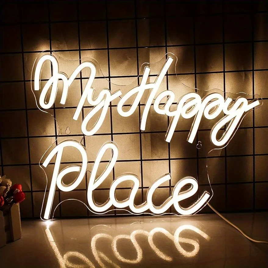 My Happy Place Neon Sign LED Marquee Light Warm White Aesthetic Decor for Home Bedroom Living Room Mood Lighting Gift