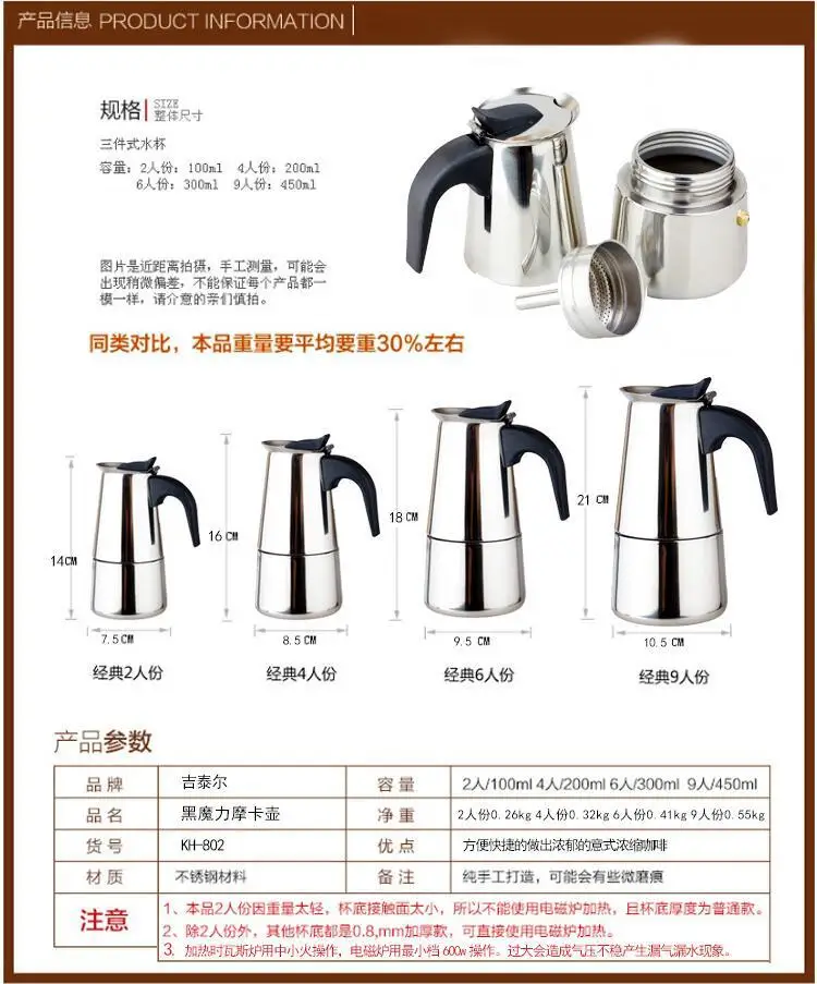 Description Picture 4 of itemMoka Pot Stainless Steel Coffee Pot Stovetop Espresso Maker Percolator Coffee Maker 200ml/4 Cup with Electric Stove