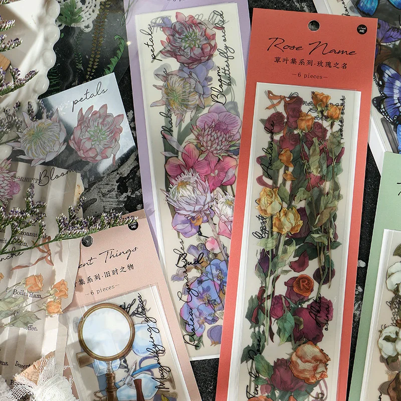 6 Stück/Packung Grasblätter-Serie PET-Aufkleber, Frische Vintage Scrapbook-Sticker für Journal DIY Basteldekoration