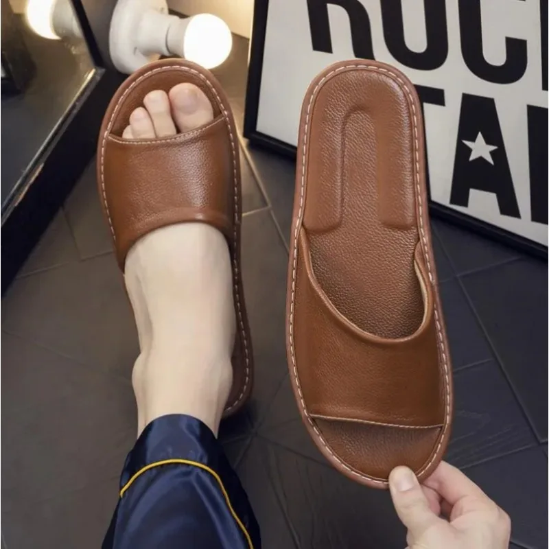 Summer Sandals Genuine Cow Leather Slippers Homes in Indoor Slipper Summer Open Toe Sandals Men Women Elderly Casual Slides Shoe