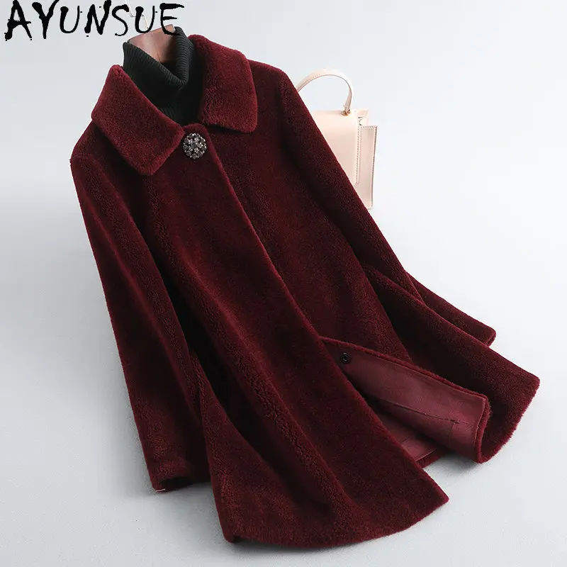 AYUNSUE 100% Sheep Shearing Jacket Women Elegant Winter Mid-length Wool Jackets for Women 2023 Fur Coat Outwear Blouson Femme